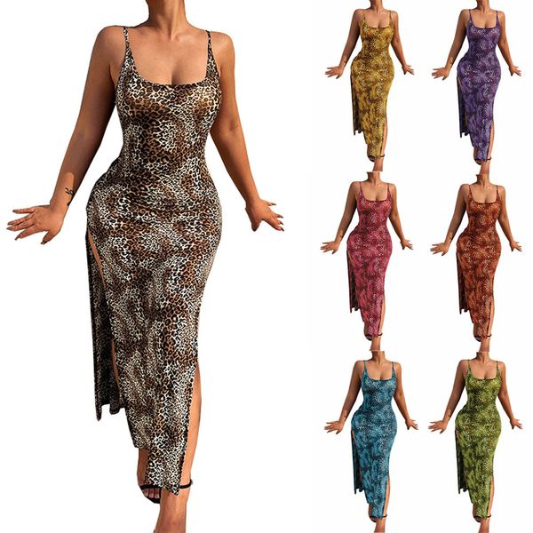 

2023 spring/summer european and american urban dresses wild resort temperament split skirt fashion leopard animal print dress, White;black