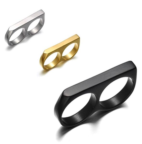 

gold silver black 10th titanium steel creative double finger self defence double ring ring hip hop locomotive punk series finger t6823394
