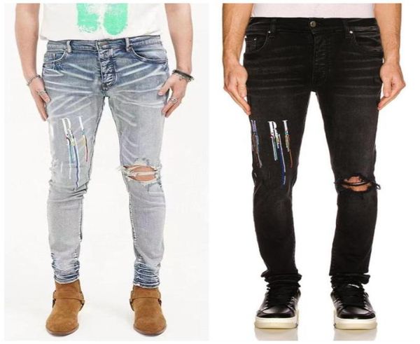 

mens jeans cashew flower print embroidered letters washed and made old casual slimfit feet pants european and american fashion pl1567585, Blue