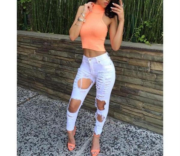 

whole fashion ripped denim pants hole trousers destroyed jeans full length black white plus size for women womans feminina8098014, Blue