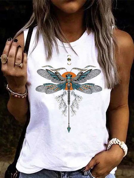 

women's t-shirt cute dragonfly print tank for women retro sleeveless graphic t shirts summer casual blouse workout gym solid round neck, White