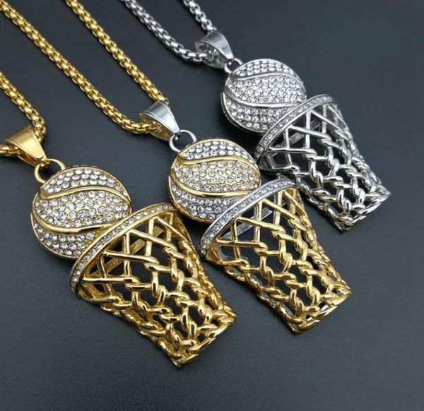

hip hop chainauniquestyle titanium iced out bling full rhinestone men basketball pendants necklaces gold sports necklace for wome2419081, Silver