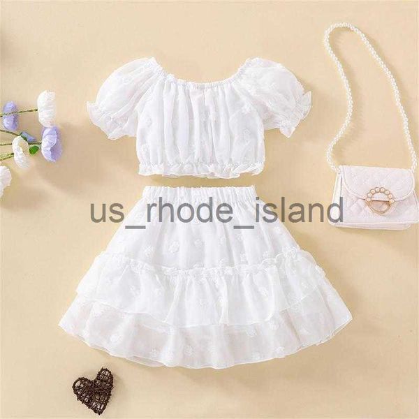 

t-shirts clothing sets 2pcs girls summer outfits solid color off-shoulder short sleeve crop layered skirt set for kids 1-6 years x0714, Blue