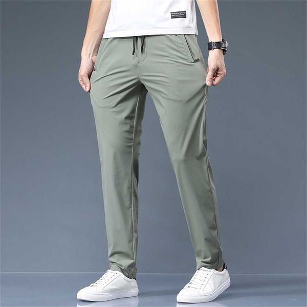 

summer ice silk men's casual pants iron high elastic nylon smooth solid color embroidery fast drying fashion feet pants, Black
