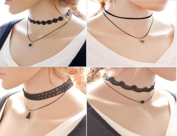 

fashion clavicle strap collars choker bead tassel clover pendant necklace vintage black lace velvet leather cord clavicle cha1991669, Golden;silver