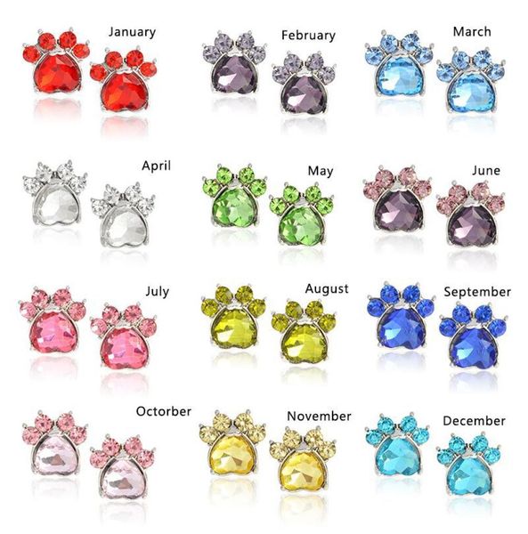 

12 colors bohemian birthstone pet paw charms earrings stud crystal dog footprint stud earring birthday party jewelry gift for wome7258424, Golden;silver