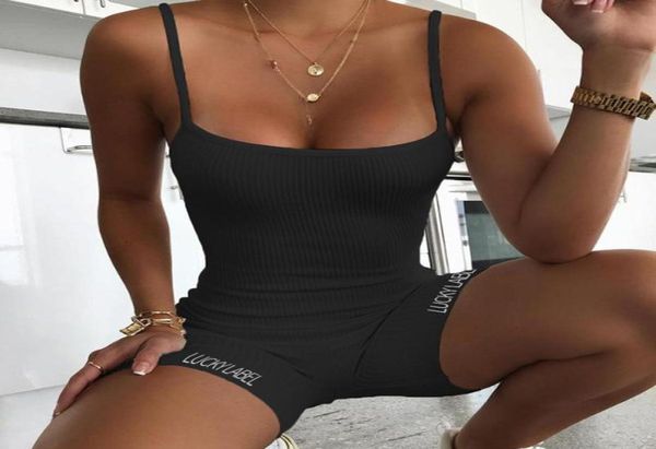 

summer knit rib lucky label fitness playsuit spaghetti strap white black grey biker shorts bodycon rompers womens jumpsuit t23354619, Black;white