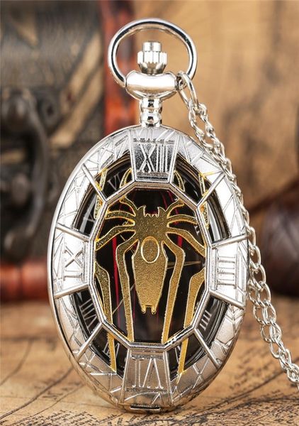 

gold hollow spider design watches quartz pocket watch silver half hunter pendant necklace chain clock gifts boys men women8091635, Slivery;golden
