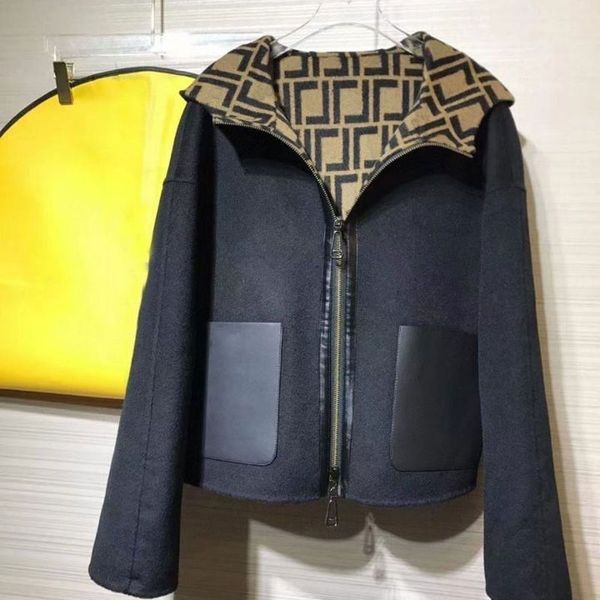 

women' autumn winter Woolen letter short jacket vintage fashion hooded zipped coat long sleeve colorblocked clothing