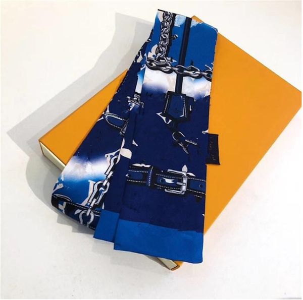 

handkerchiefs classic silk handbag bag scarf headbands women letter flower scraves grade hair bands 8x120cm, Blue;gray
