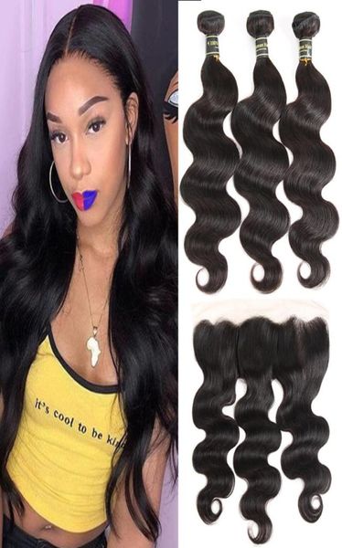 

9a unprocessed malaysian virgin hair extensions body wave human hair 3 bundles with 13x4 lace frontal remy human hair wefts wi5417877, Black;brown