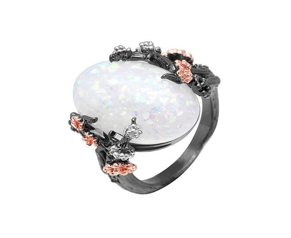 

beautiful tree flower ring jewelry black gold filled romantic cz big white fire opal ring women drop bands finger ring8812117, Silver