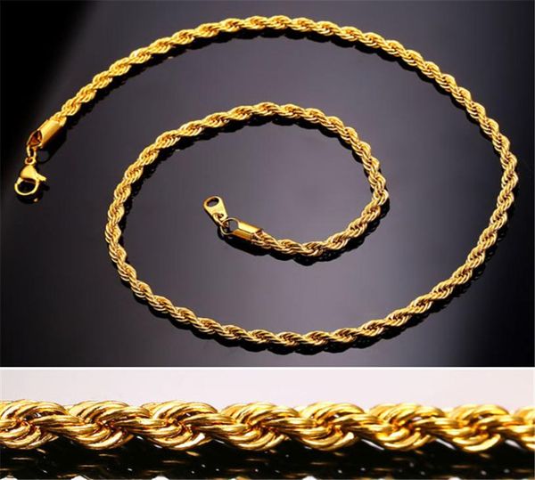 

18k gold plated chains for men women 3mm stainless steel ed rope choker necklaces hip hop fashion jewelry in bulk9841000, Silver