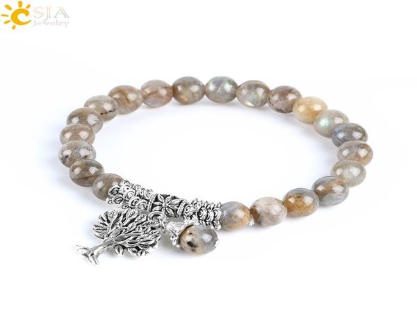 

csja natural labradorite spectrolite women bracelets bangles gemstone mala beads tree of life charm reiki healing meditation jewel3399601, Black