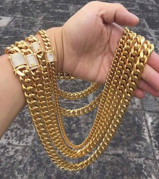 

hip hop 1014mm men cuban miami chain necklace stainless steel rhinestone clasp iced out gold silver casting chain necklaces9162252