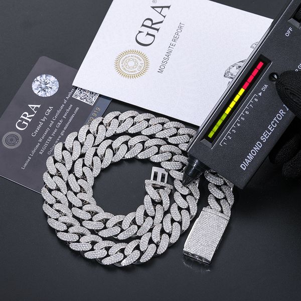 

selling men hip hop jewelry bling 15mm sterling silver vvs moissanite iced out cuban link chain necklace with certificate