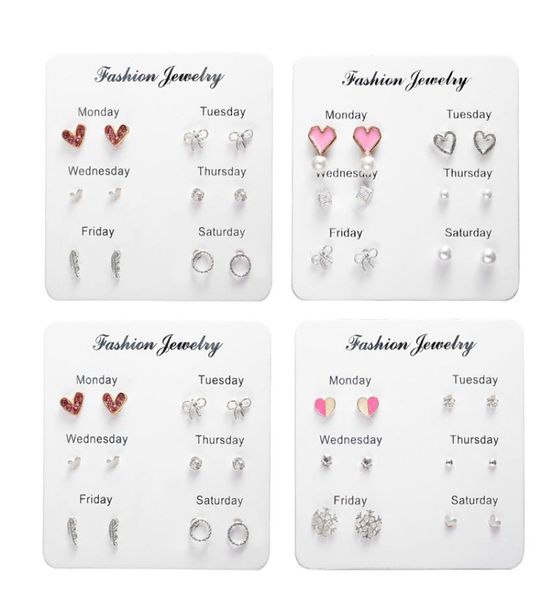 

love heart crystal stud earrings korean fashion sweet 6 pairset geometric round bowknot pearl earrings women jewelry gift4782875, Golden;silver