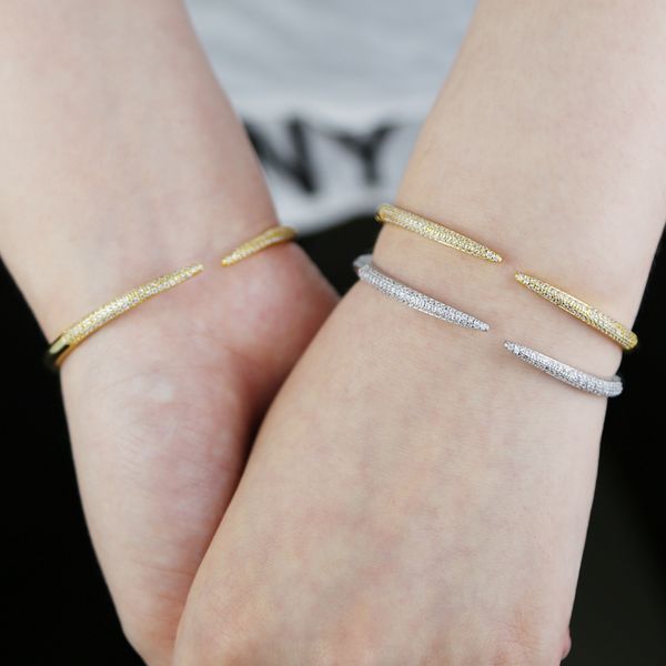

gold silver color classic open zircon bracelet women men hip hop iced out bling cubic zirconia couple jewelry gift, Golden;silver