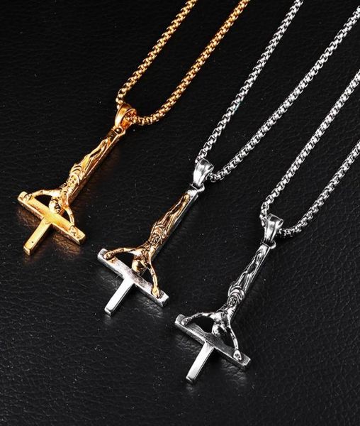 

fashion stainless steel inverted cross jesus pendant necklace lucifer satan worship jewelry chain for men women antichristian5902512, Silver