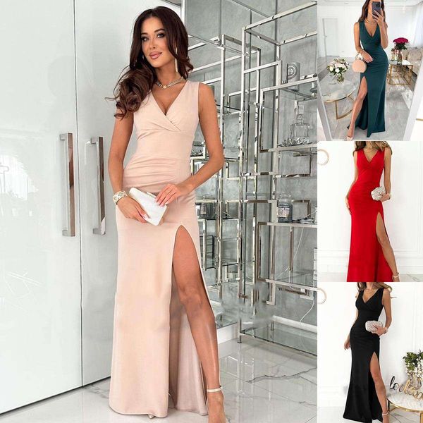 

summer pure color simple v neck sleeveless split dress, Black;gray