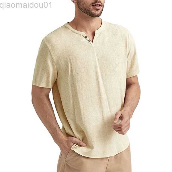 

men's t-shirts classic men's solid color cotton linen t shirts casual loose short sleeve button v neck pullover 2023 spring summer, White;black