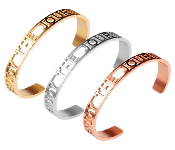 

8mm women inspirational engraved mantra bracelet enjoy the journey gold rose gold stainless steel bangle for girls1247653, Black