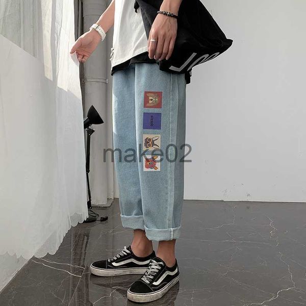 

men's jeans fashion printed black men's jeans laceup straight loose harajuku street men's spring summer casual cropped pants, Blue