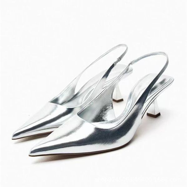 

sandals women's slingback low-heel sandals zaza summer silvery pointed woman mules fashion rear trip strap flat bottom beach shoes 2307, Black