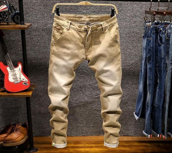 

men039s jeans fashion denim pants solid slim fit men design washed retro long stretch skinny 6 color khaki black dark blue14432967, Blue