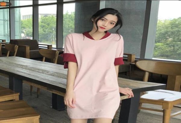 

2019 summer new stitching contrast color dress female long section short sleeve loose college wind skirt3077370, White;black