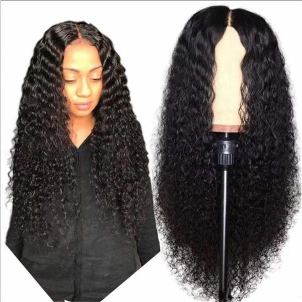 

medium brown color curly wigs for black women brazilian simulation human hair long deep wave synthetic lace front wig natural hairline, Black;brown