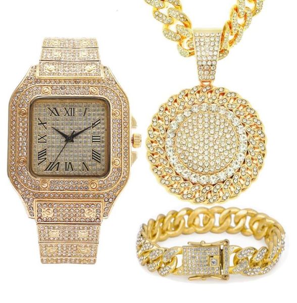 

chains 3pcs iced out necklace bracelet watches rhinestone 13mm miami cuban pandents bling gold watch for men jewelry set6025075, Silver
