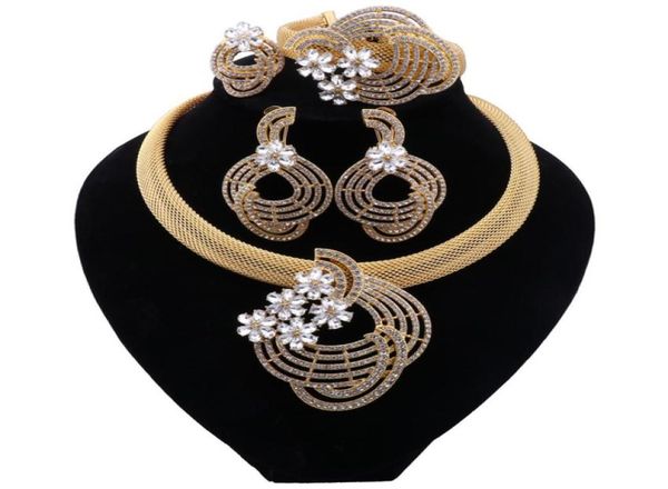 

dubai fashion jewelry sets elegant women gold color crystal necklace bracelet party earrings ring luxury jewellry2595841, Slivery;golden