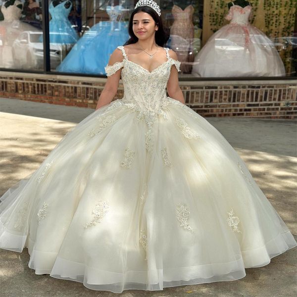 

ivory princess off shoulder quinceanera dresses 2023 v-neck lace applique beading sweet 16 ball gown vestidos de 15 anos, Blue;red