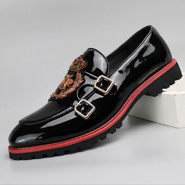 

new black loafers men patent leather embroidered shoes breathable slip-on solid casual shoes handmade size 38-46 1aa15