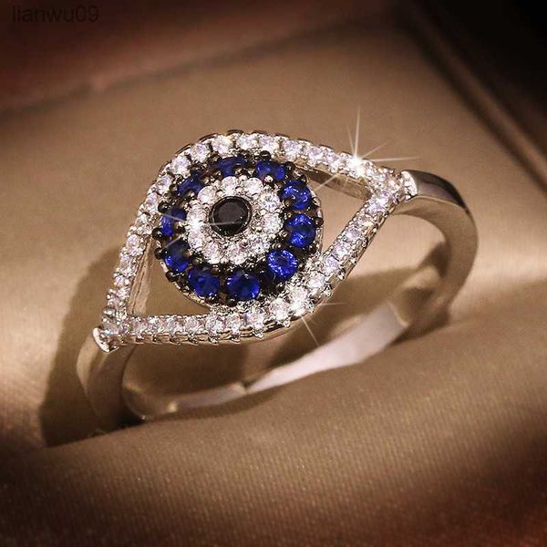 

new punk female blue crystal stone ring charm zircon silver color wedding jewelry for women dainty evil eye hollow engagement l230704, Golden;silver