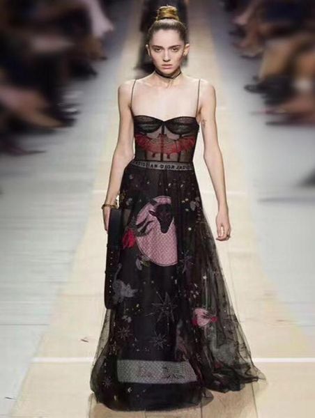 

runway dress 2017 black spaghetti straps celebrity style dress mesh bat embroidery beads vestidos de festa n0118399857