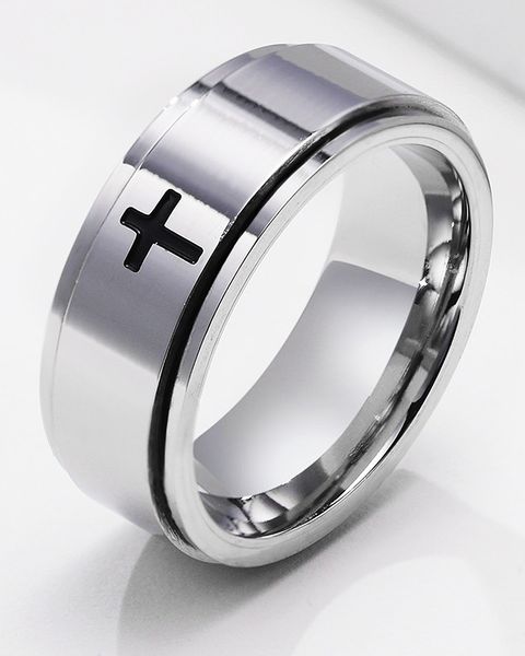 

6mm 8mm stainless steel rings for men and women rotating design with engrave cross jewelry party gift fashionable and versatile show your pe, Silver