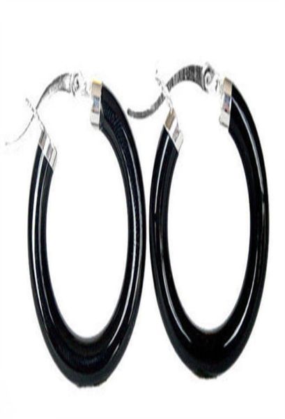 

new fashion black agate onyx 925 sterling silver snap closure hoop earrings4674793