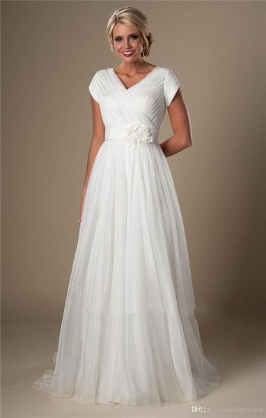 

ivory ruched chiffon beach modest wedding dresses with cap sleeves v neck aline temple bridal gowns informal wedding gowns new ch9620046, White