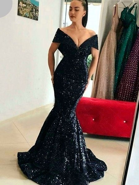

black velvet sequins mermaid prom dresses deep v neck short sleeves off the shoudler long sparkling floor length formal party evening gowns