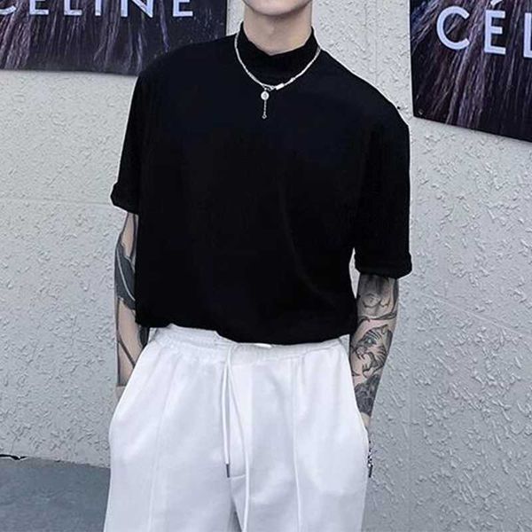 

men's t-shirts y2k design men's t shirt summer short sleeve mock neck solid casual tees streetwear men clothing fashion loose pull, White;black