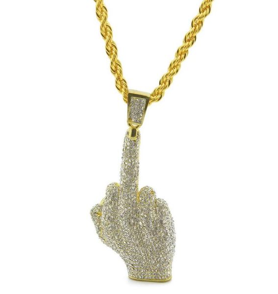 

hip hop men039s gold color plated with full rhinestone big middle finger pendants necklaces bling crystal chains vogue jewelry4163569, Silver