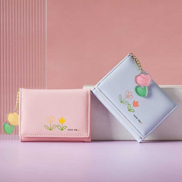 

tulip new ins simple and cute cartoon student folding pu wallet korean version three fold short women's wallet
