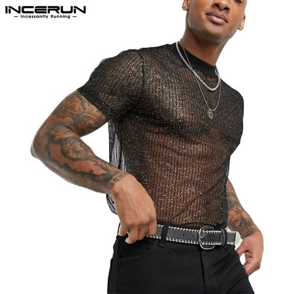 

men's t shirts incerun 2023 fashion men mesh t shirt see through short sleeve slim shiny party nightclub t shirts thin breathable camis, White;black