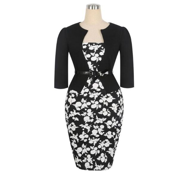 

women spring autumn winter dresses long sleeve notched formal wear to work plus size 3xl 4xl pencil dress with belt robe1870426, White;black