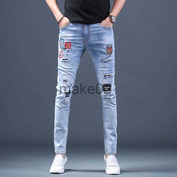 

men's jeans mens slimming denim pants embroidery jeans stretch ripped jeans hole patched casual jeans pants for men x0714, Blue