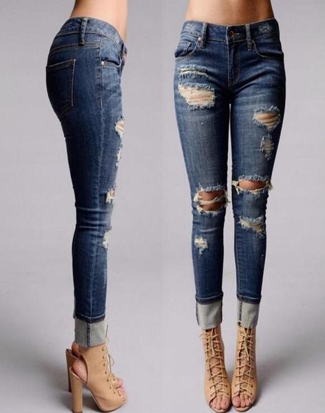 

women hole skinny pencil denim jeans stretch slim fitness pants trousers jeans ripped for vaqueros mujer6378854, Blue