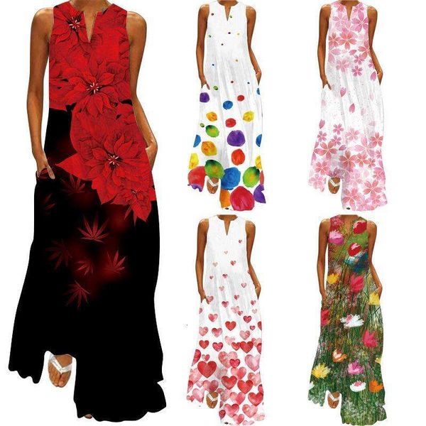 

summer retro printed dress v neck multi color long sleeveless, Black;gray