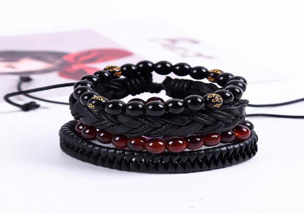 

beaded strands 8mm beaded 4pcs bracelet for men handmade woven strand leather braclet multilayer adjustable antique braslet hombr1908159, Black